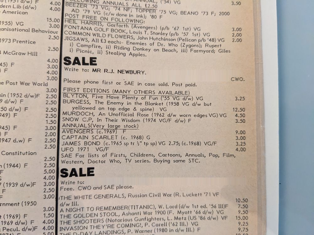 Rob’s list of books for sale among the booksellers’ adverts in Book and Magazine Collector